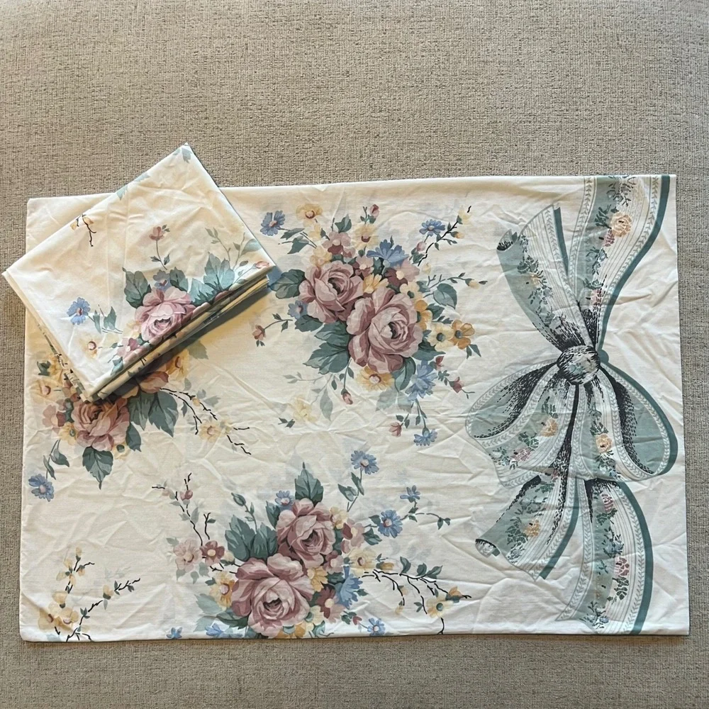Vintage Floral Rose Bow Pillowcase Set Cottagecore Shabby Chic Pink Teal White